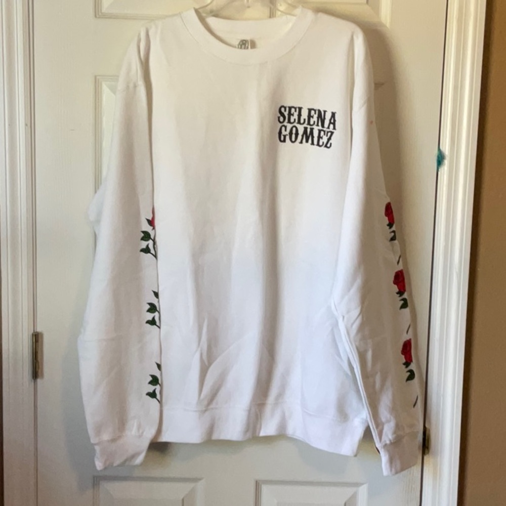 Selena Gomez White Long Sleeve Women's Roses on Sleeves Sweatshirt Size X-Large